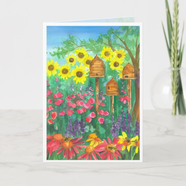 Carte Aquarelle Bee Skep Fleurs de soleil Joyeux anniver (Devant)