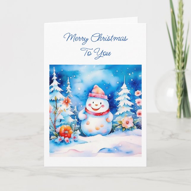 Carte Aquarelle blanche mignonne Noël Snowman (Devant)