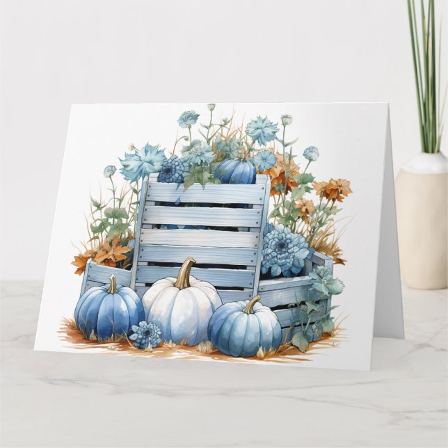 Carte Aquarelle Bleu Citrouilles & Fleurs (Devant)