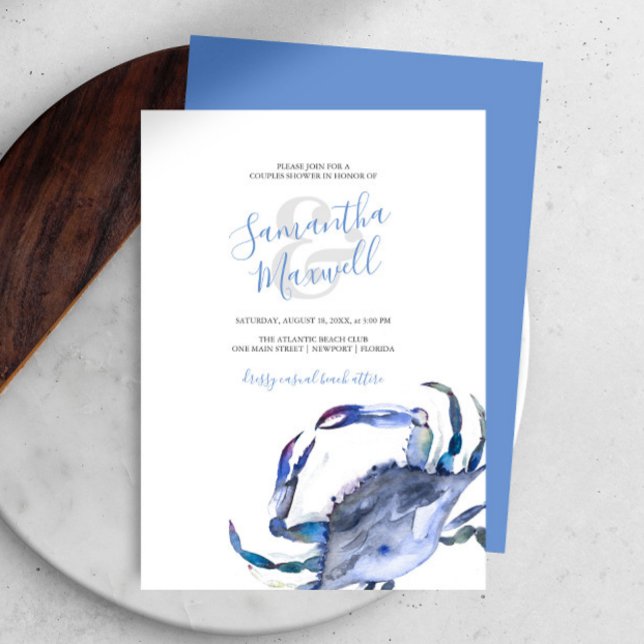 Carte Aquarelle Bleu Crabe Côtier Couples Douche (Bridal shower invitations watercolor blue crab art by Victoria Grigaliunas Do Tell A Belle)