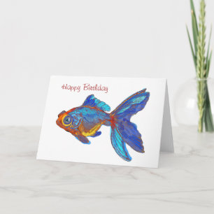 Carte Aquarelle Bleu et Or Poisson Anniversaire