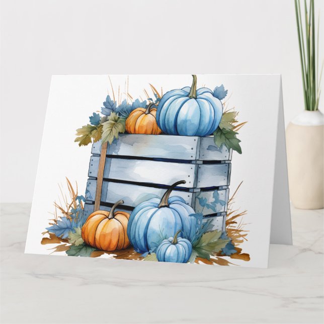 Carte Aquarelle bleu et orange Citrouille cadran (Devant)