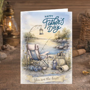 Carte Aquarelle Bleu Marron Pêche Bonne Fête des Pères