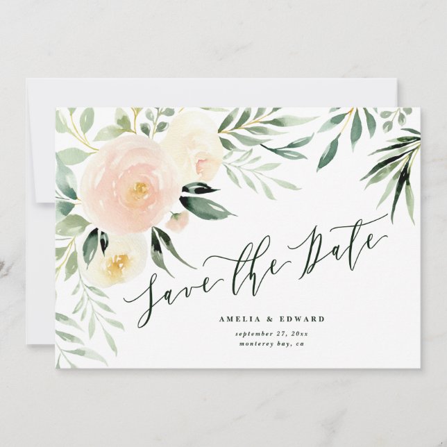 Carte Aquarelle bleu pêche floral & feuillage Mariage (Devant)