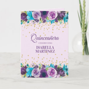 Carte Aquarelle bleu pourpre Floral Quinceañera Photo