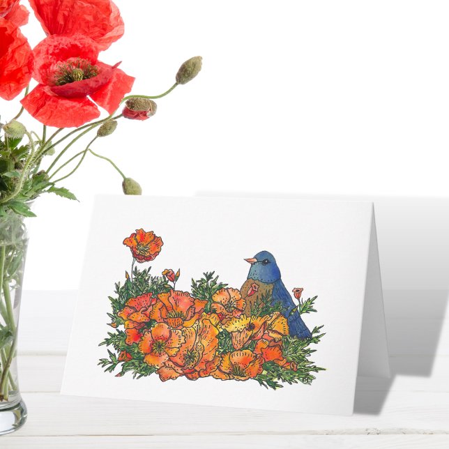 Carte Aquarelle bleue blanche (Bluebird in Poppies Art Card)