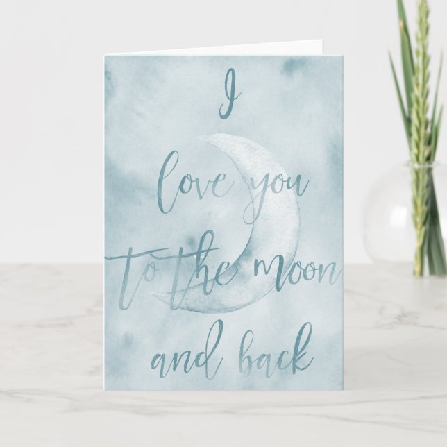 Carte Aquarelle bleue Je vous aime à la lune et le dos (Devant)