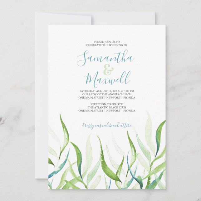 Carte Aquarelle botanique Mariage vert et blanc (Devant)