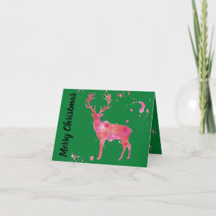 Carte Aquarelle Cerf, rose orange vert Joyeux Noël