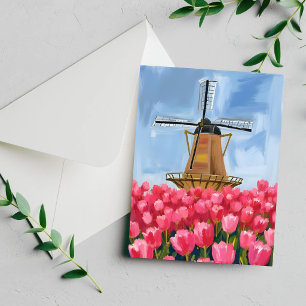 Carte aquarelle champ de fleurs de tulipes moulin