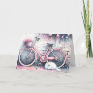 Carte Aquarelle Chat et Vélo rose Anniversaire