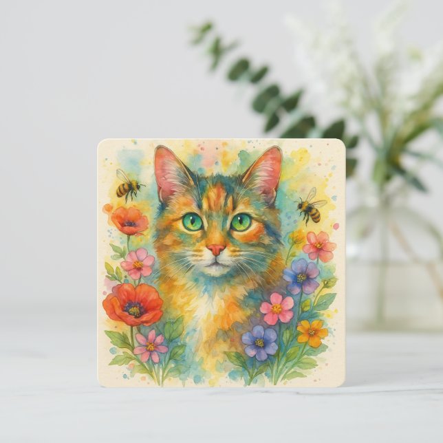 Carte Aquarelle chaton avec fleurs (Debout devant)