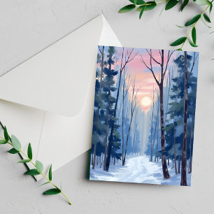 Carte aquarelle chemin forestier enneigé ensoleill