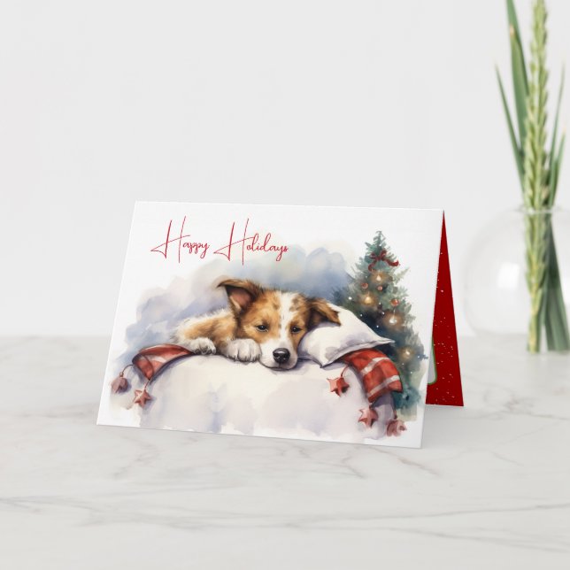 Carte Aquarelle Chien de Noël sur Coussin (Devant)