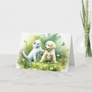Carte Aquarelle Chiot et Kitten Anniversaire