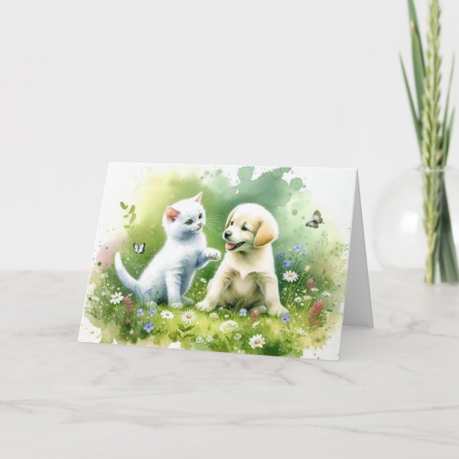 Carte Aquarelle Chiot et Kitten Anniversaire (Devant)