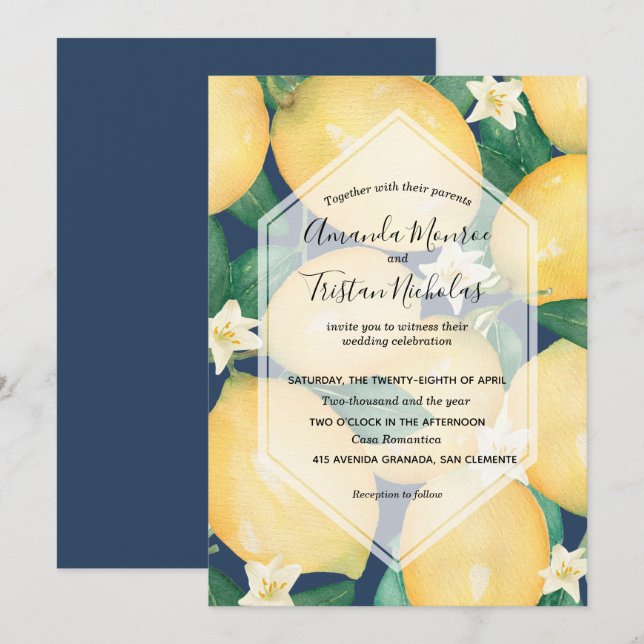 Carte Aquarelle citrons sur la marine Blue Wedding Invit (Devant / Derrière)