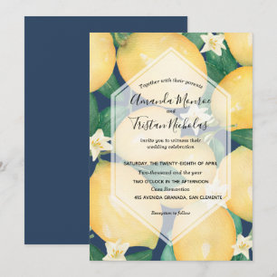 Carte Aquarelle citrons sur la marine Blue Wedding Invit