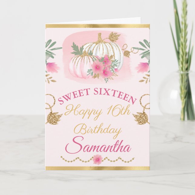 Carte Aquarelle Citrouille rose Sweet sixteen or (Devant)