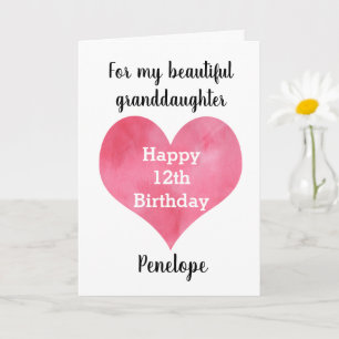 Carte Aquarelle Coeur 12e anniversaire petite-fille