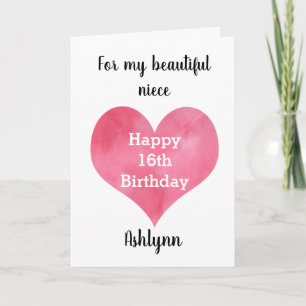 Carte Aquarelle Coeur Joyeux 16e anniversaire nièce
