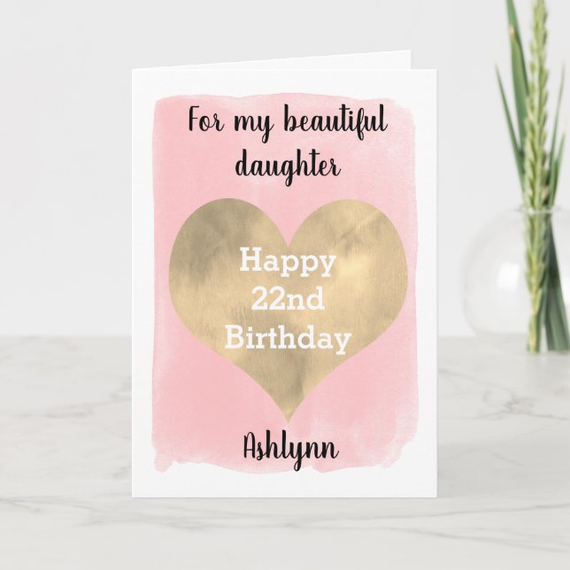 Carte Aquarelle Coeur rose et or 22e anniversaire (Devant)