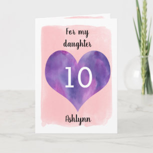 Carte Aquarelle Coeur rose et pourpre 10e anniversaire