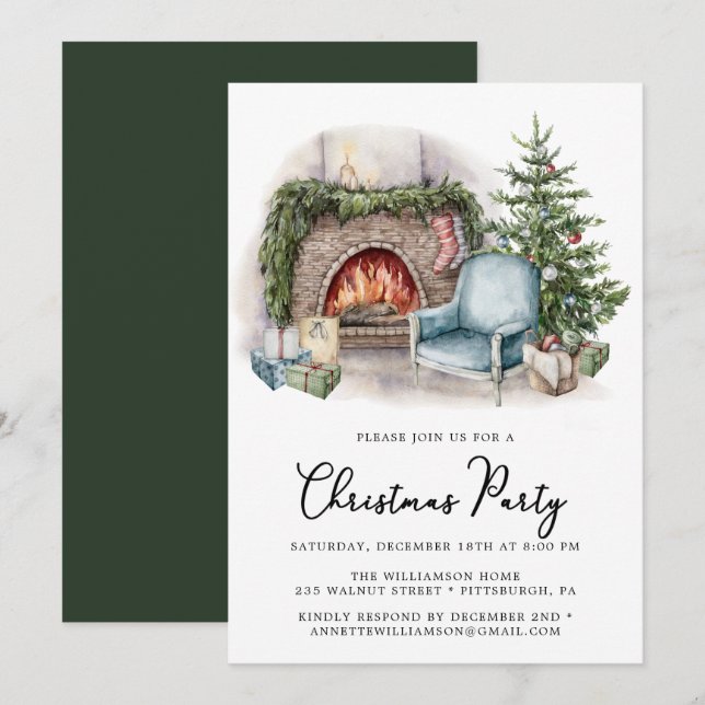 Carte Aquarelle confortable Accueil Fête de Noël Invitat (Devant / Derrière)