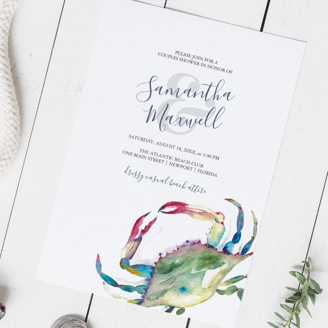 Carte Aquarelle Crabe Côtier Couples Douche (Couples shower invitations blue and green watercolor crab printable or printed )