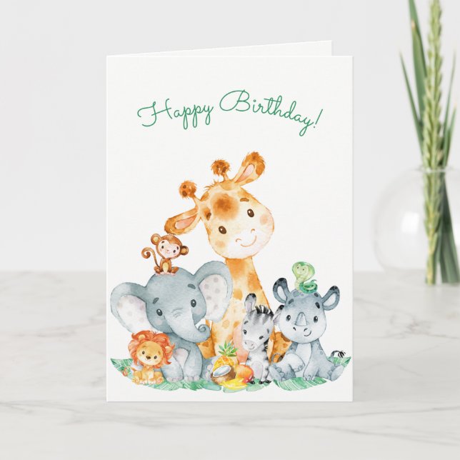 Carte Aquarelle Cute Safari Jungle Animaux Anniversaire (Devant)