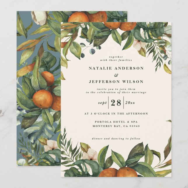 Carte Aquarelle d'agrumes d'orange mariage moderne botan (Devant / Derrière)