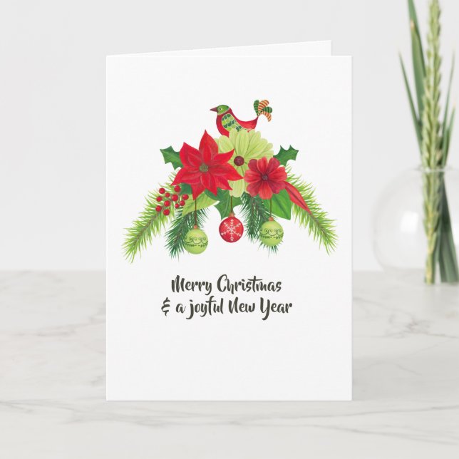 Carte Aquarelle d'art populaire Noël floral (Devant)