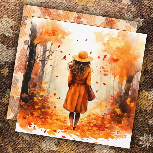 Carte Aquarelle d'automne fille paisible marche (Créateur téléchargé)