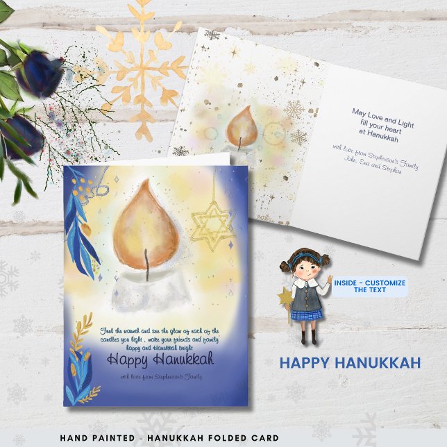 Carte Aquarelle de bougies lumineuses Bonne Hanoukka (Light Candles Watercolor Happy Hanukkah Card)