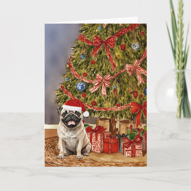 Carte Aquarelle de carlin sous l'arbre de Noël (Devant)