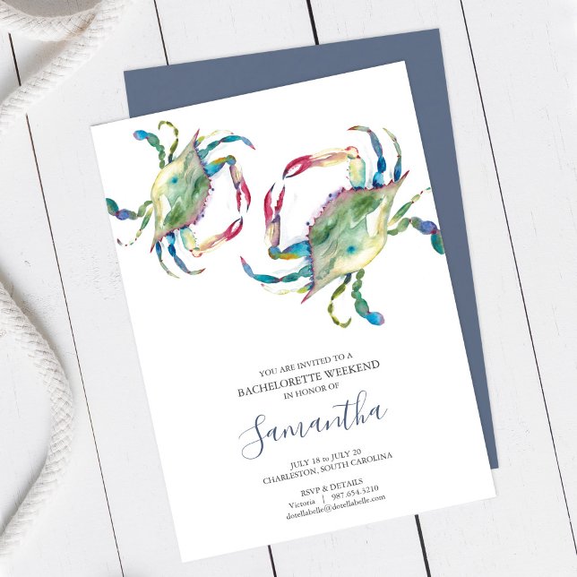 Carte Aquarelle de crabe bleu Charleston SC Bachelorette (Bachelorette Party Invitation Blue Crab Watercolor Charleston SC )
