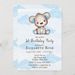 Carte Aquarelle de garçon Teddy Bear 1er. Fête d'anniver