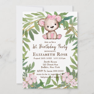 Carte Aquarelle de la fille Ours en peluche 1er. Fête d'