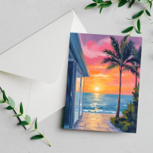 Carte aquarelle de la plage de palmiers au coucher