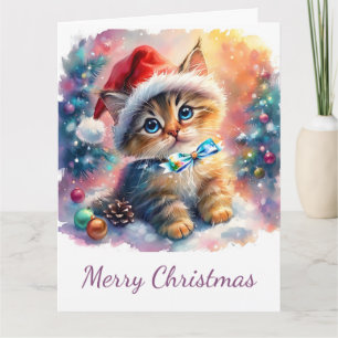 Carte Aquarelle de Noël de chaton précieux avec bow