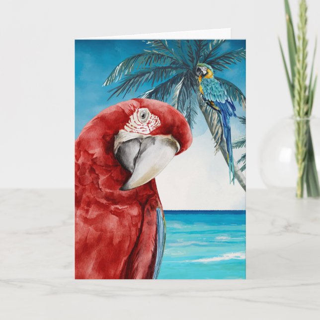 Carte Aquarelle de perroquet macaw Scarlet Tropical (Devant)