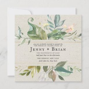 Carte Aquarelle de verdure Mariage carré floral rose