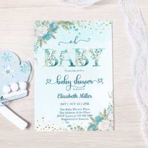 Carte Aquarelle d'hiver Baby shower floral bleu