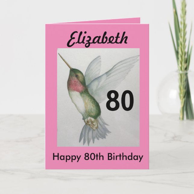 Carte Aquarelle d'oiseau rose élégant pour 80e anniversa (Devant)