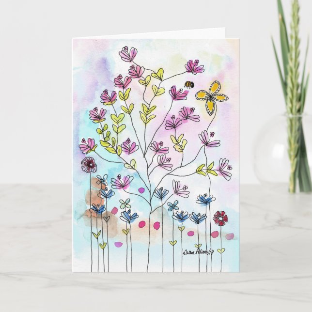 Carte Aquarelle Doodle Flowers, Art populaire Imprimer (Devant)
