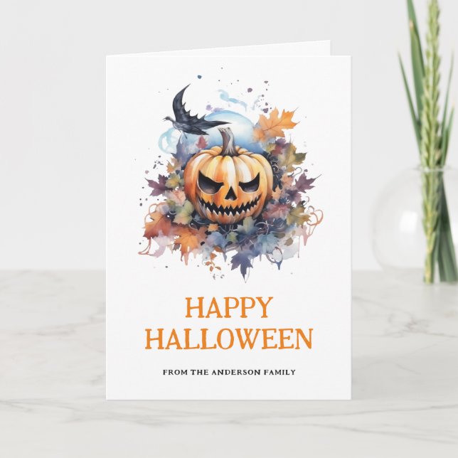 Carte Aquarelle Effrayant Citrouille Photo Happy Hallowe (Devant)