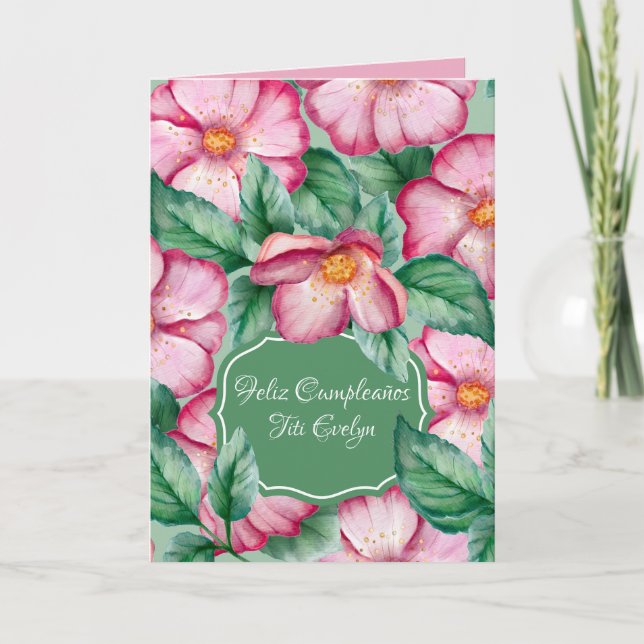 Carte Aquarelle Espagnole Fleurs Roses Pour Anniversaire (Devant)