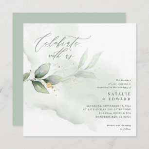 Carte Aquarelle eucalyptus sauge vert et or mariage
