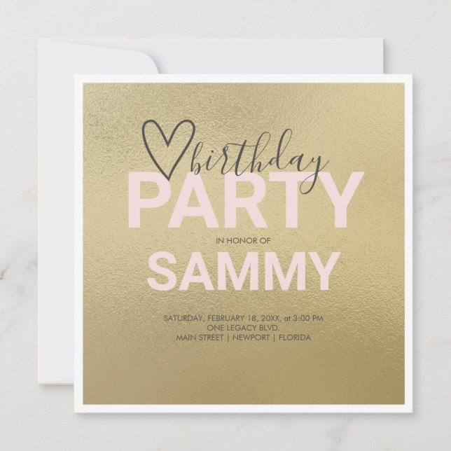 Carte Aquarelle Faux Gold et Pale Rose Party (Devant)