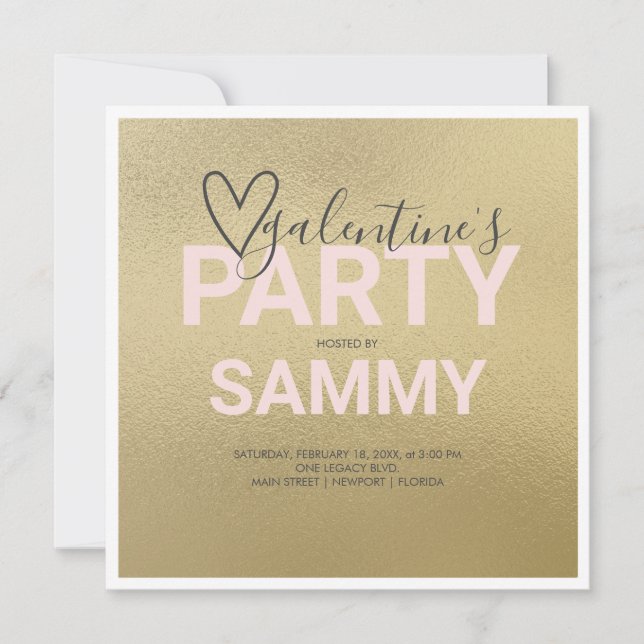 Carte Aquarelle Faux Gold et Pink Galentine's Party (Devant)
